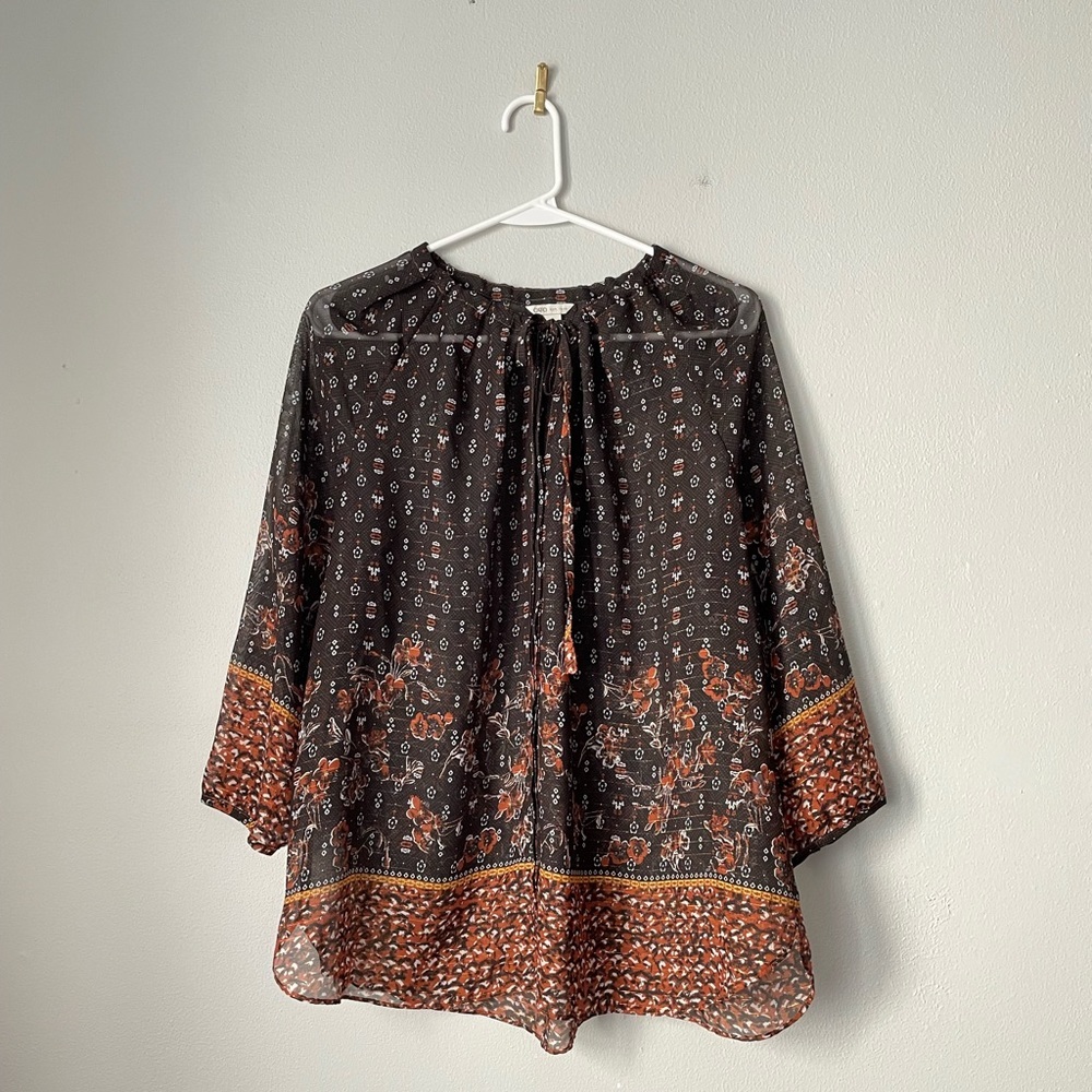 CATO Women's Sheer Floral Button Down Blouse with 3/4 Sleeves L